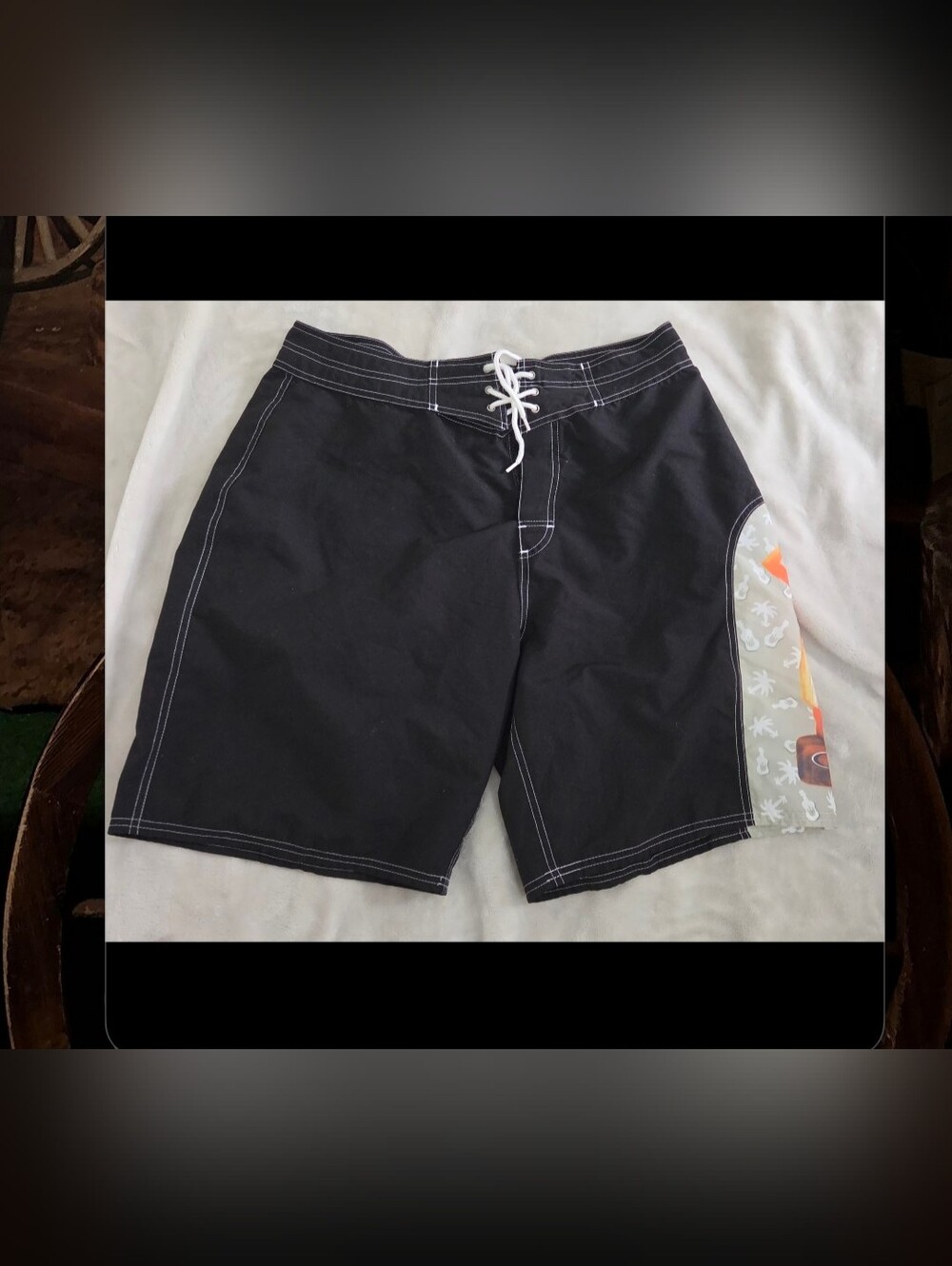 Vintage Y2K OP Men’s Black Graphic Board Shorts Size 34 Beach Late90s